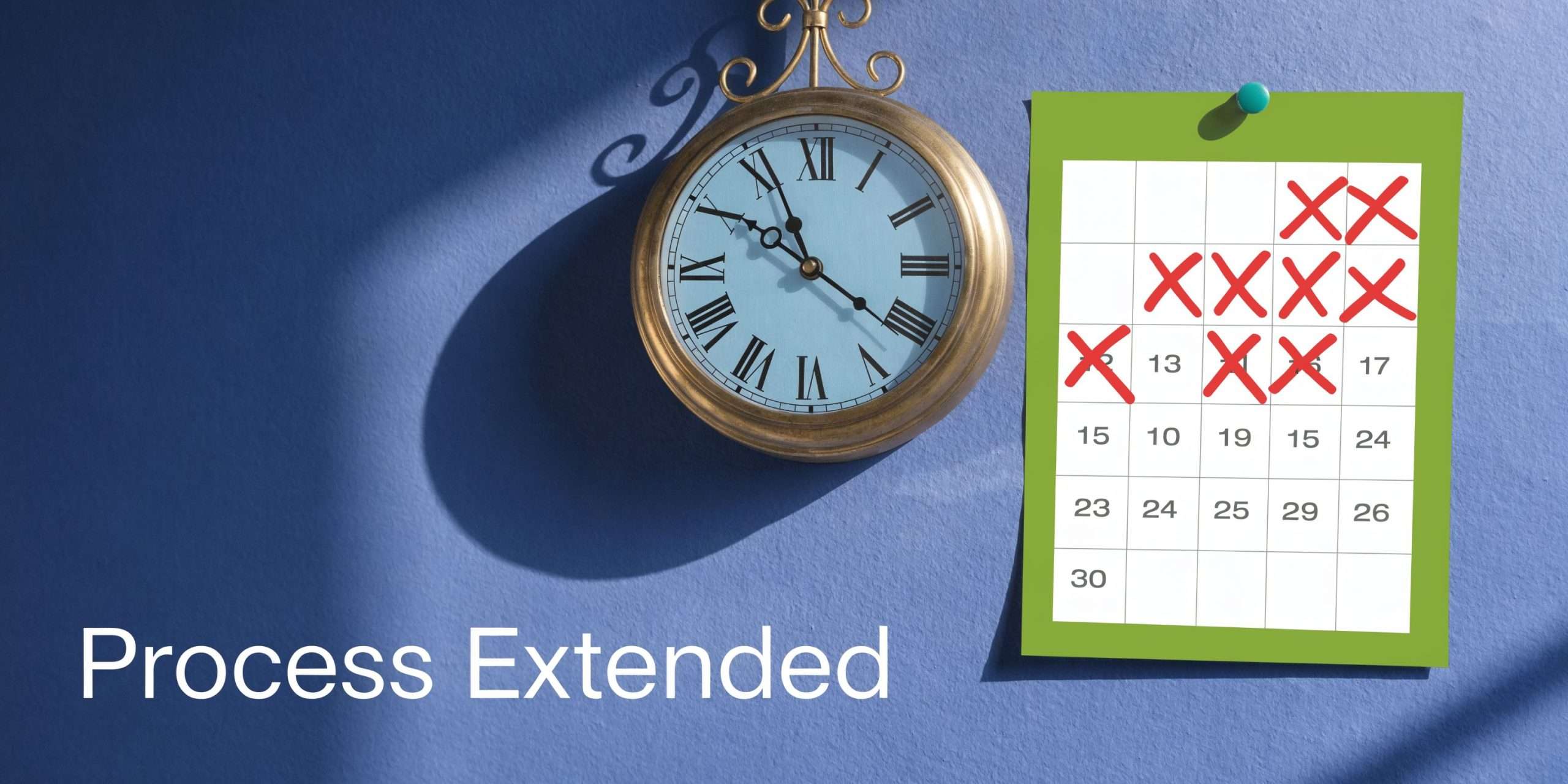 A clock and a calendar with several dates marked with red X's on a blue wall.