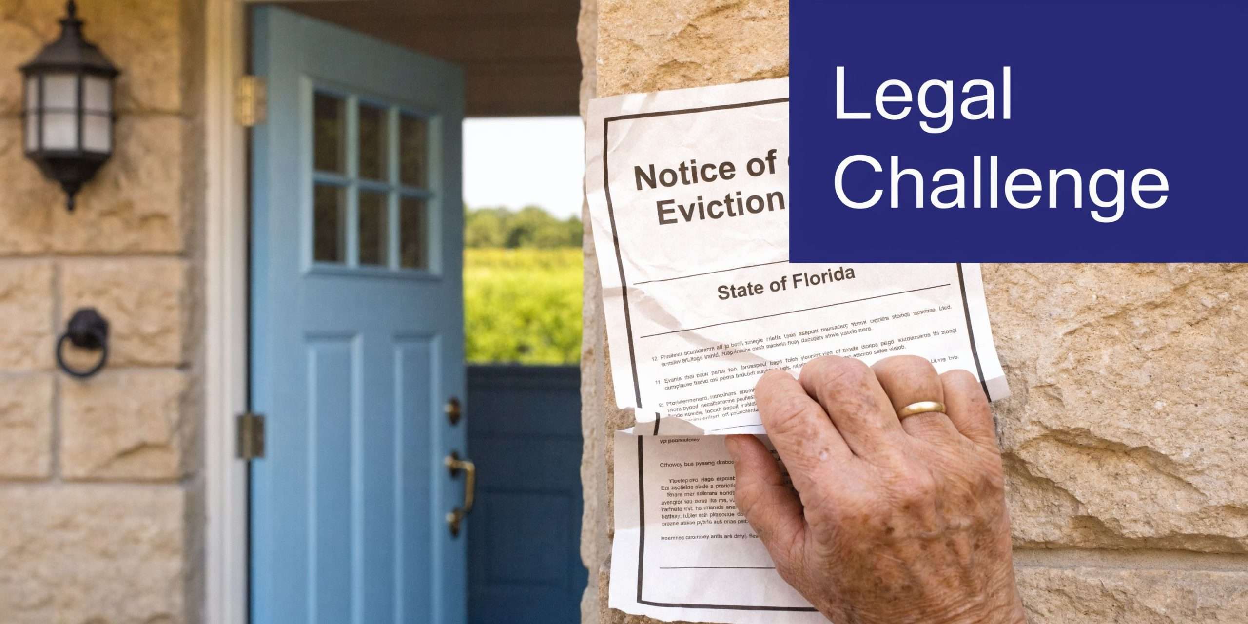 A senior person holding an eviction notice against a stone wall outside a house in Florida.