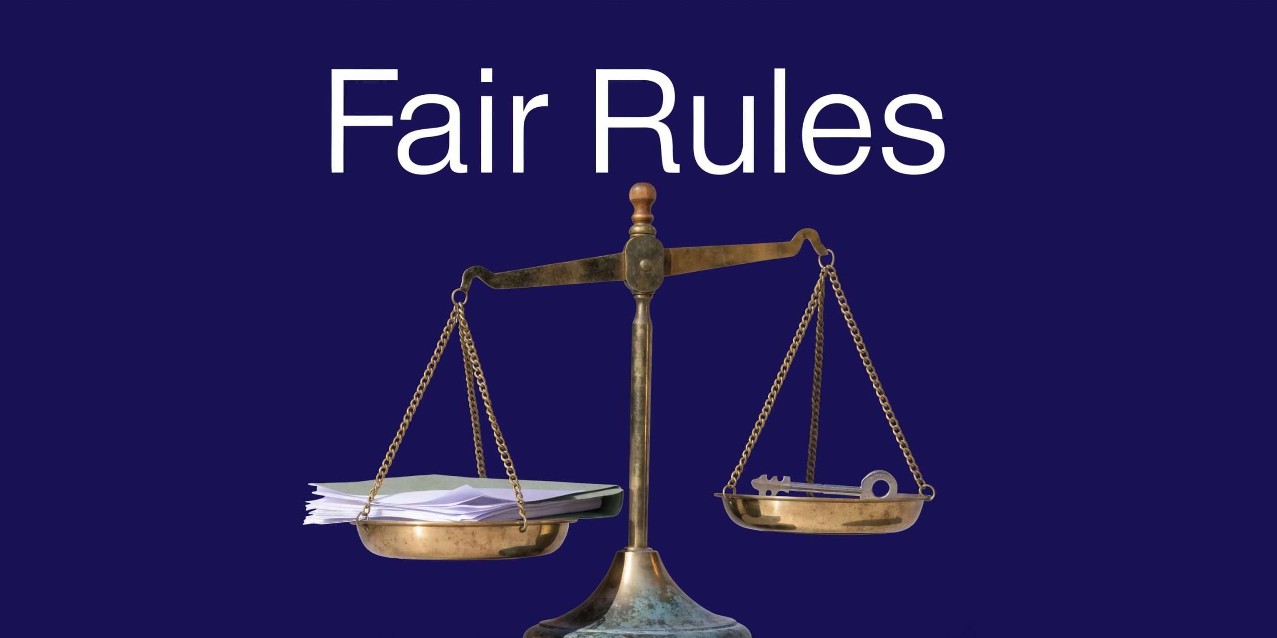 A golden balance scale with a stack of legal documents and a key on a blue background.