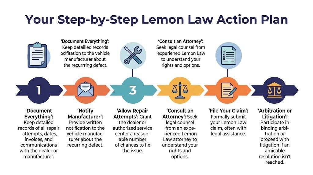 A six-step infographic detailing the process for filing a lemon law claim for defective vehicles.
