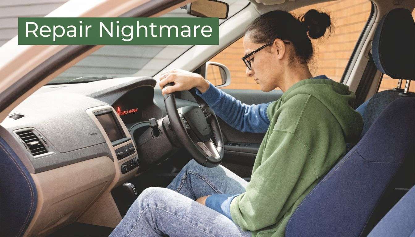 A person sitting in the driver seat of a car looking stressed at a check engine light.