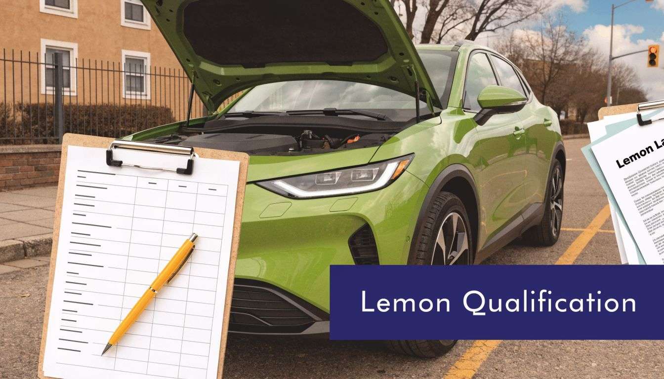 A lime green car with an open hood next to a clipboard with a checklist and documents.