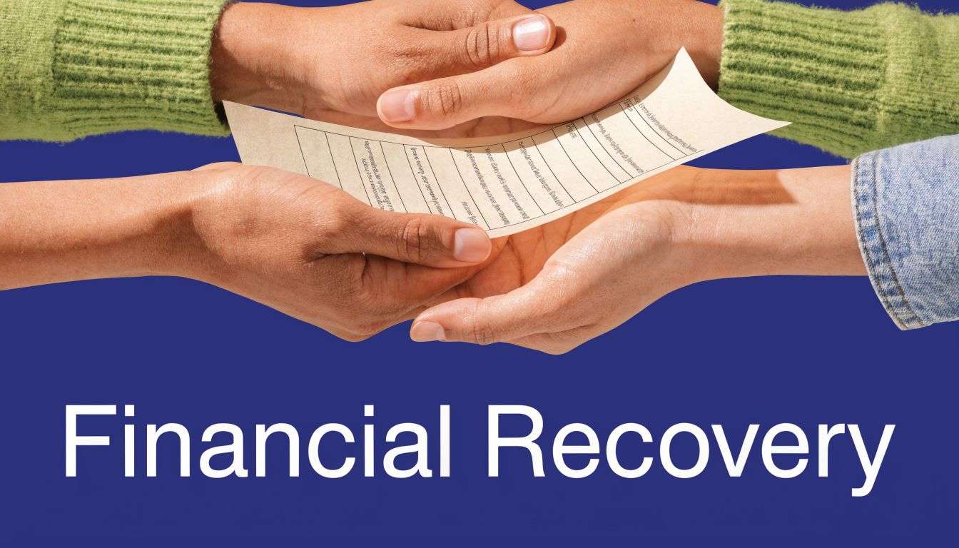 Two people hands exchanging a financial document, symbolizing support and help during financial recovery efforts.