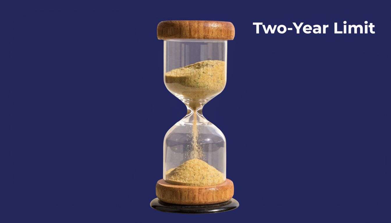A glass hourglass with wooden ends filled with golden sand, set against a dark blue background.
