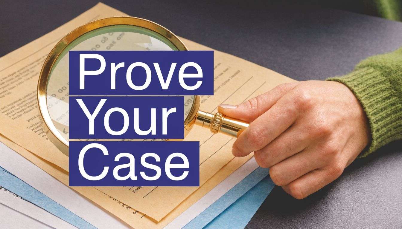 A person holds a magnifying glass over legal documents to examine evidence for a legal case.