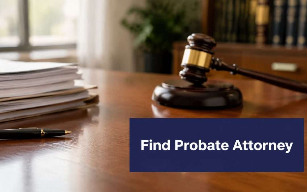 Gavel and stack of legal documents on a wooden desk; blue card reads Find Probate Attorney.