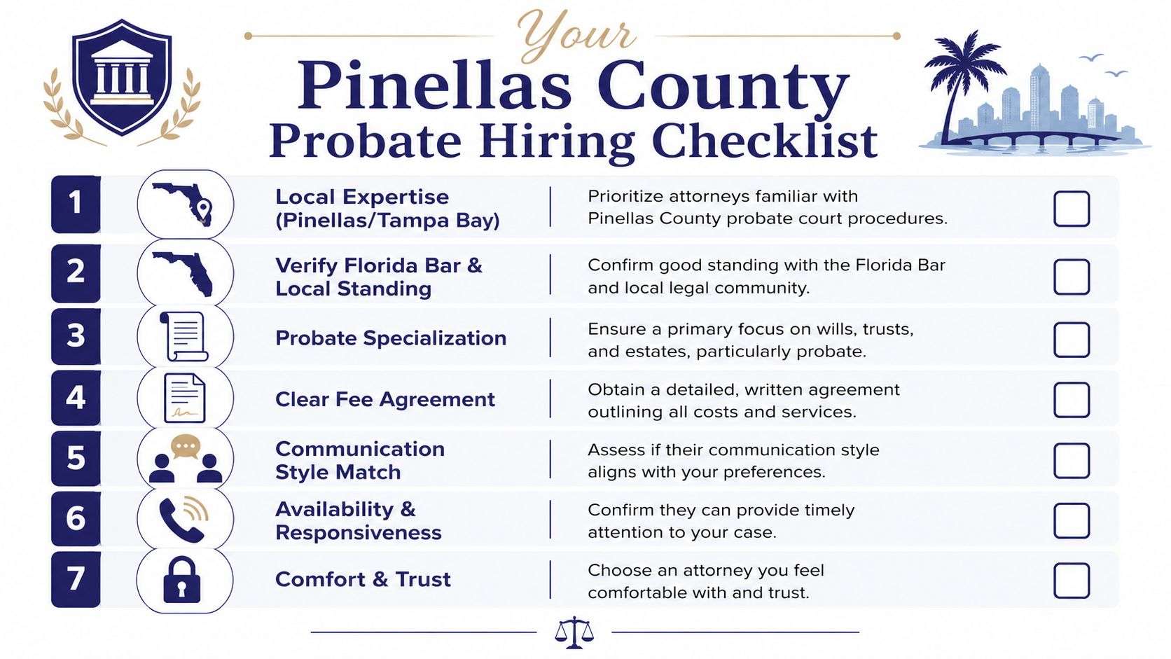A checklist titled Pinellas County Probate Hiring Checklist listing seven essential steps for choosing a probate attorney.