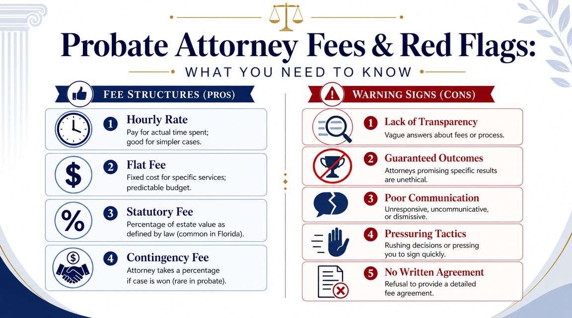 An infographic titled Probate Attorney Fees & Red Flags outlining common fee structures and warning signs for hiring.
