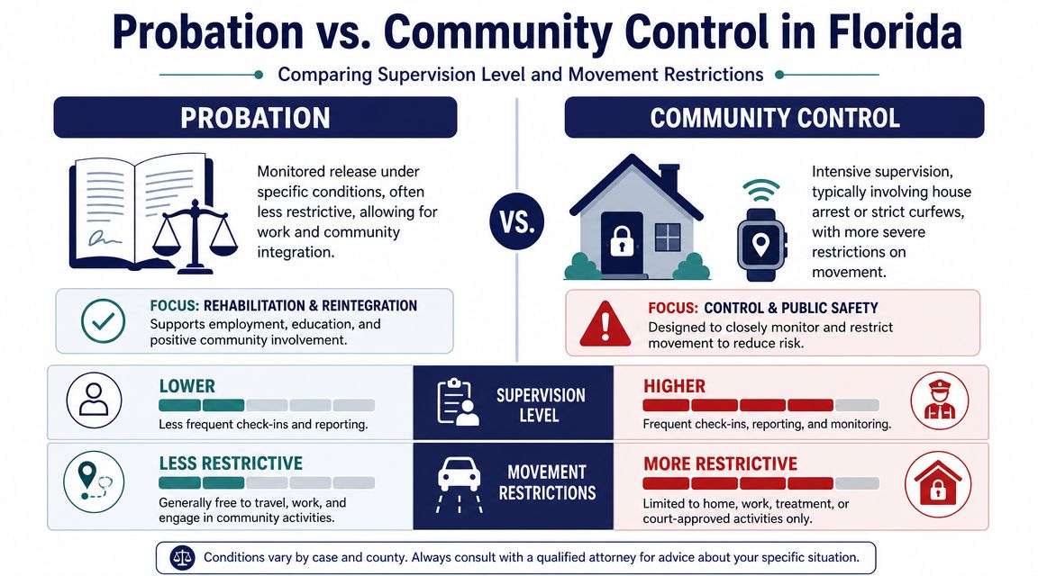 A comparison chart explaining the differences between probation and community control supervision levels in Florida.
