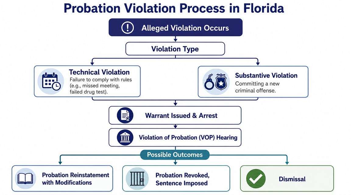 A flow chart illustrating the legal steps of a probation violation process in the state of Florida.