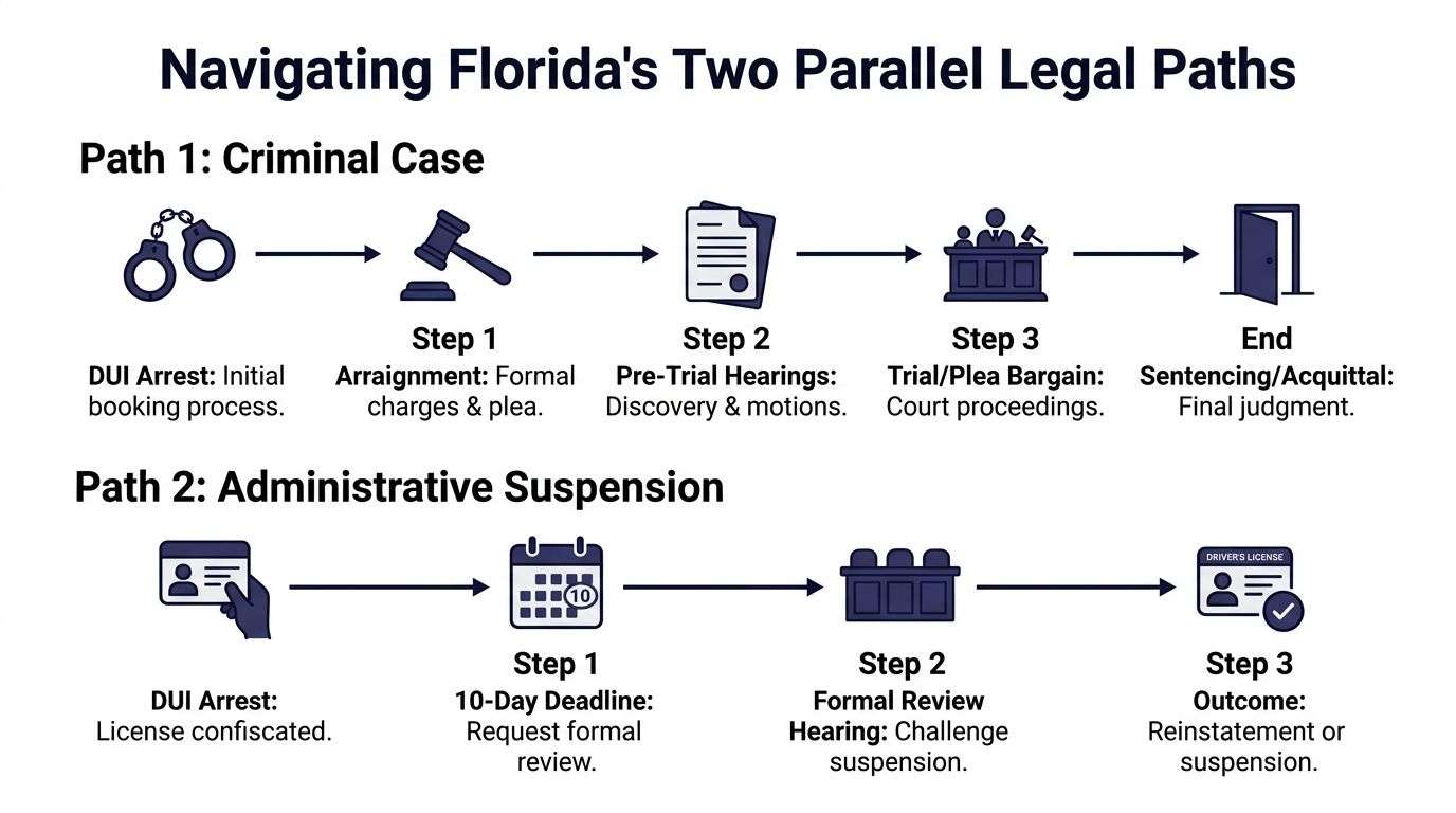 A flowchart showing the criminal case and administrative license suspension processes following a DUI arrest in Florida.