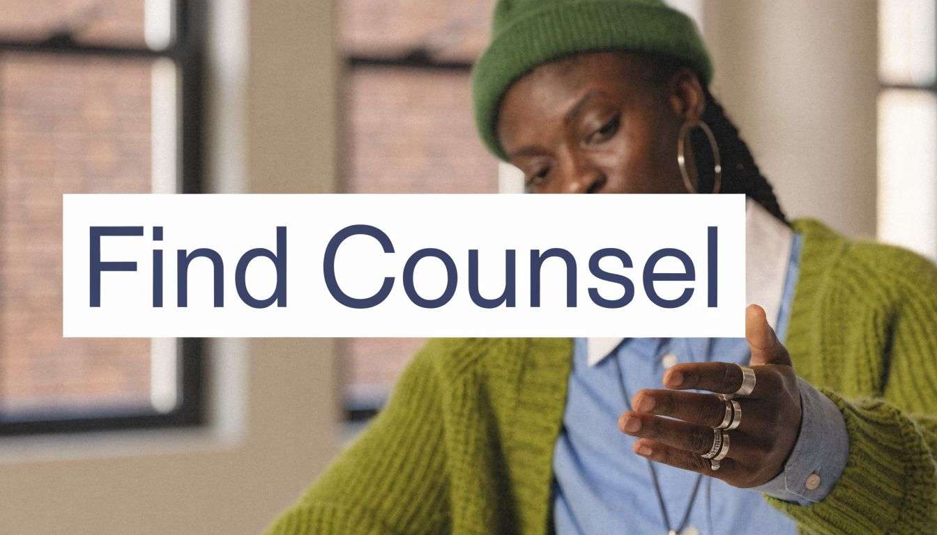 A person in a green cardigan and beanie gestures with their hand while the text Find Counsel displays.