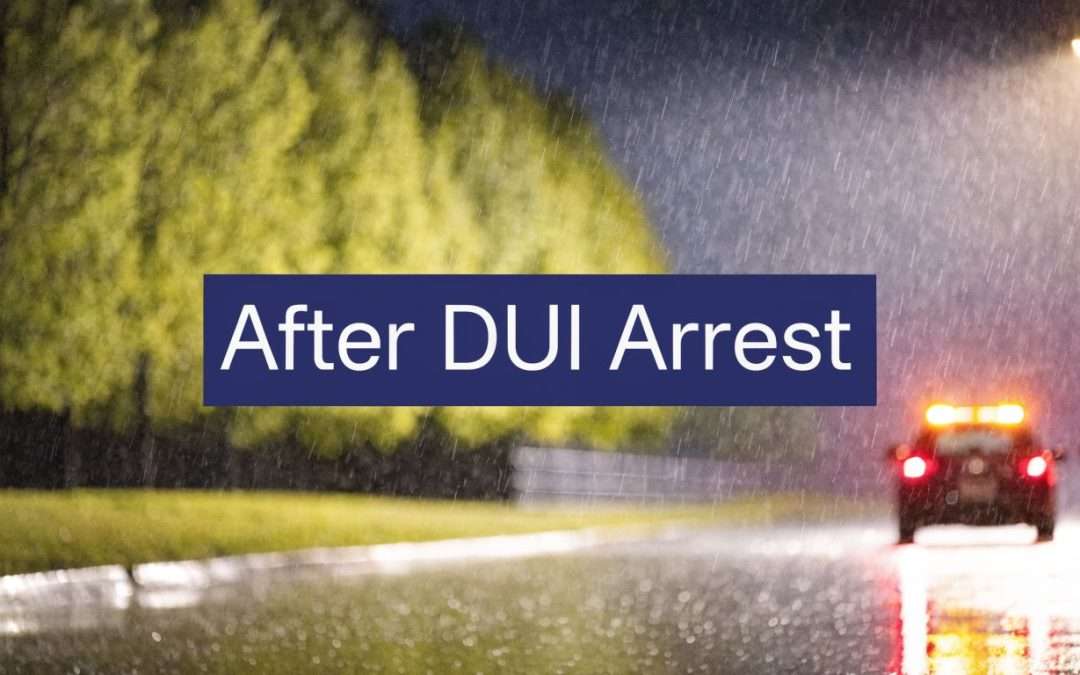 Blue banner reading 'After DUI Arrest' over a rainy, nighttime road with a distant car and a person walking in the background, conveying aftermath context.