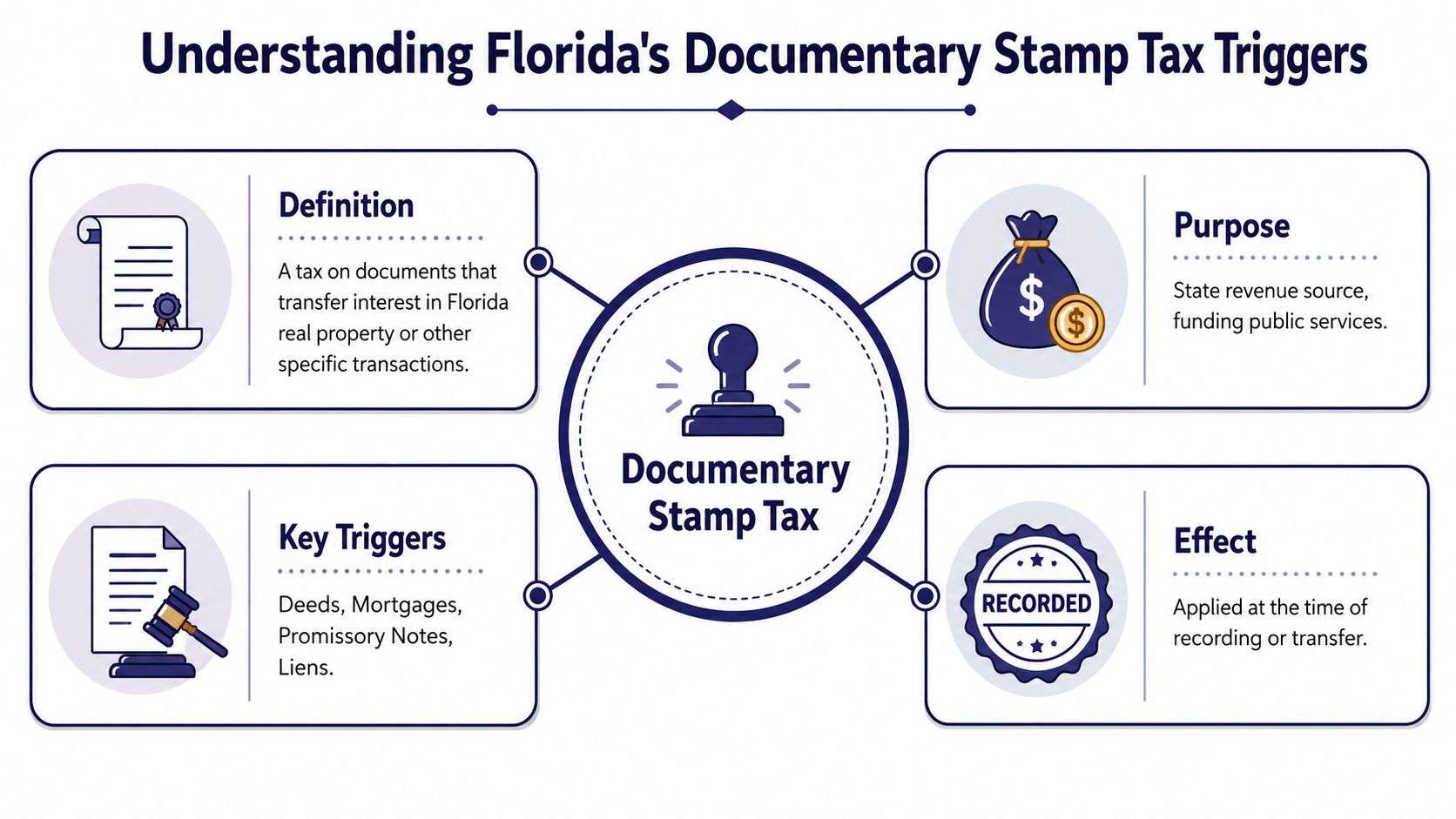 An infographic explaining the definition, purpose, triggers, and timing of Florida's documentary stamp tax.