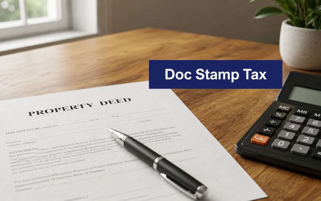 Property deed form on a wooden desk with a pen, calculator, and a plant; blue 'Doc Stamp Tax' label obscuring part of the page.