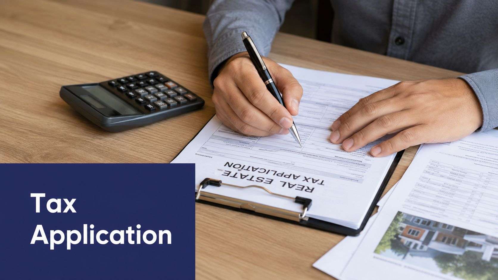 A professional filling out a real estate tax application form on a wooden desk with a calculator.