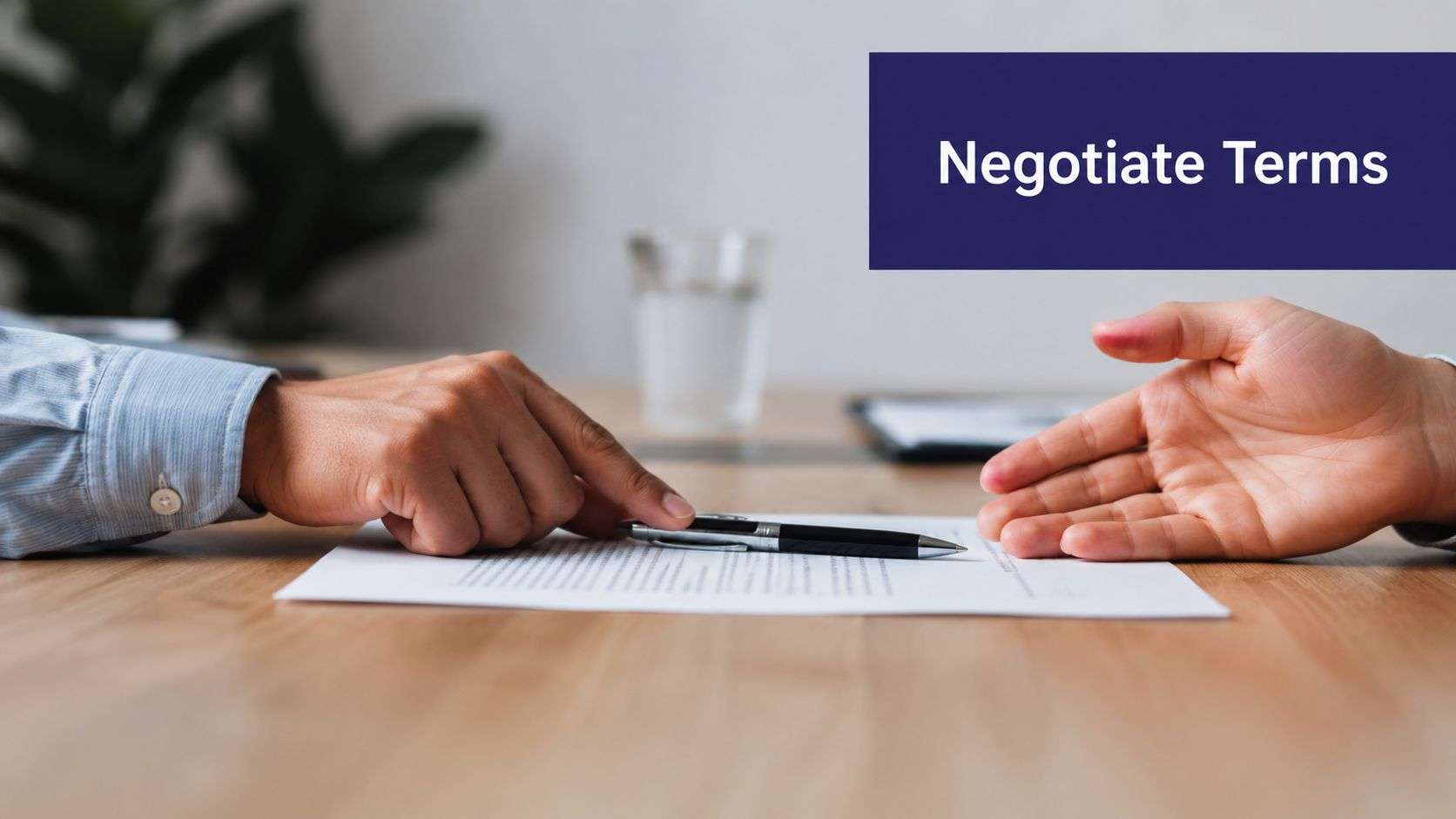 A close-up of two people negotiating business terms by pointing at a contract on a wooden table.
