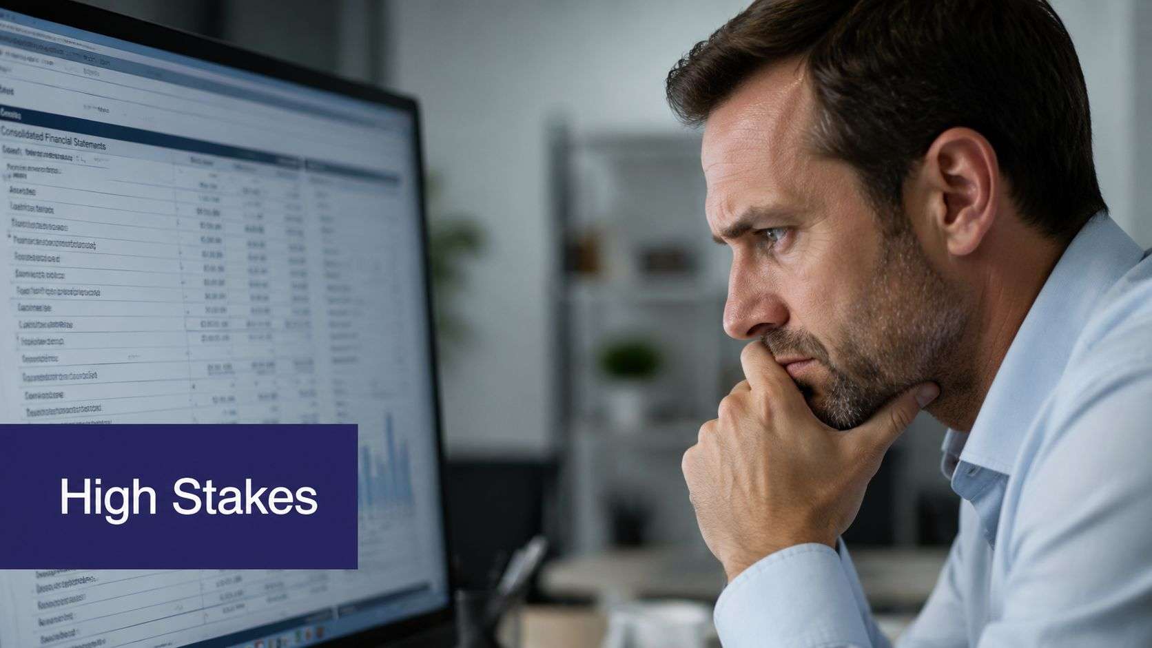 A focused professional analyzing complex financial statements on a computer screen in a dimly lit office.
