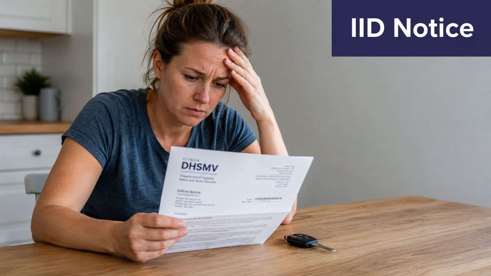 A worried woman sitting at a table looking at a Florida DHSMV Ignition Interlock Device official notice.
