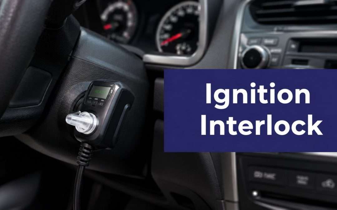 Car interior showing an ignition interlock device plugged into the steering column with a purple 'Ignition Interlock' banner