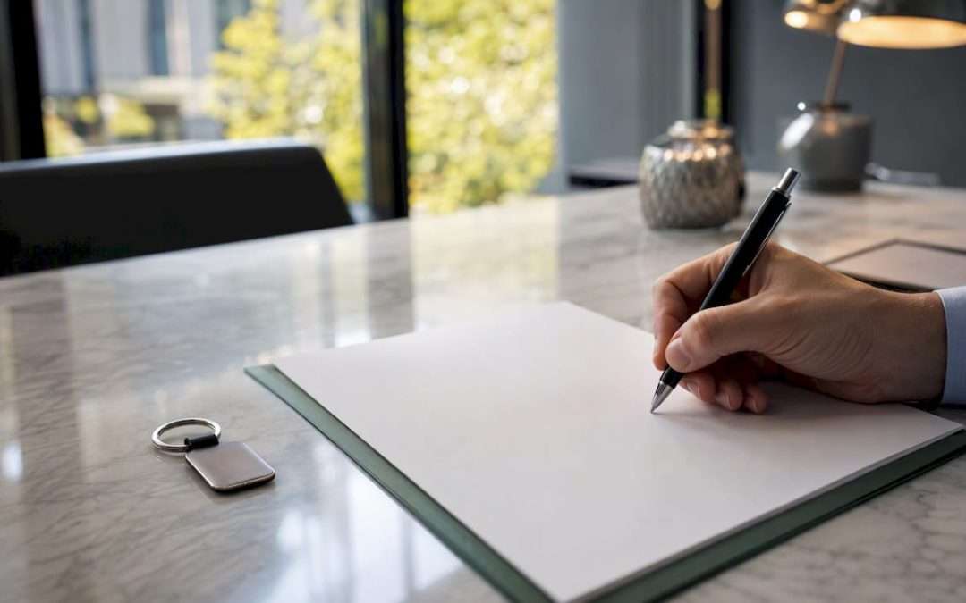 Hand poised to sign legal deed by house keys